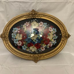 Beautiful Gold Colored Framed Wall Art, Dome Glass With Artificial Flowers (BM)