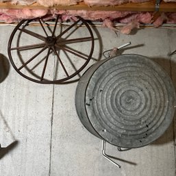 Vintage Metal Bucket And Wooden Wheel (Basement 1)