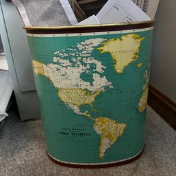 Vintage Metal Wastebasket With Map (First Floor BR 1)