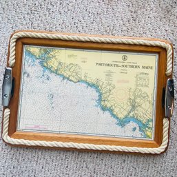 Ahoy! Wooden Serving Tray & Rope Border With Nautical Map Of Portsmouth, NH (Kitchen)