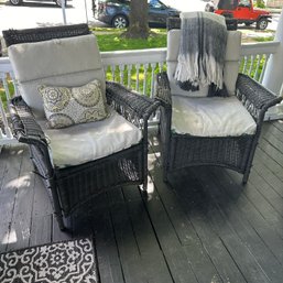 Pair Of Heavy Metal/Plastic Wicker Chairs With Cushions & Blanket - See Descr. (Porch)