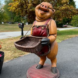 Large Vintage 'pig With Basket' Statue, 34', Composite Material (IS)