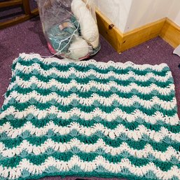 Crocheted Blanket Project With Assorted Yarn, Hook, Scissors, And Books (Basement Room 1)