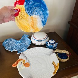 Nice Collection Of Chicken Themed Plates, Mini Basket, Teapot & More (Kitchen)