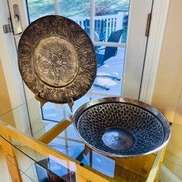 Large Silver Tone Platter And Bowl Decorative Accents (Living Room)