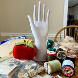 Ceramic Hand Figurine With Mixed Vintage Thread Spools & Wood Crafts
