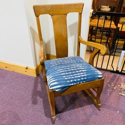 Armed Wooden Rocking Chair With Blue Tie-Dye Cloth Seat (Basement Room 1)