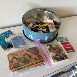 Vintage Tin With Buttons, Sewing Needles, And More, Plus Fun Vintage Needle Books (Upstairs BR)