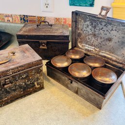 3 Vintage Metal Boxes, One With 5 Metal Round Containers (Kitchen)