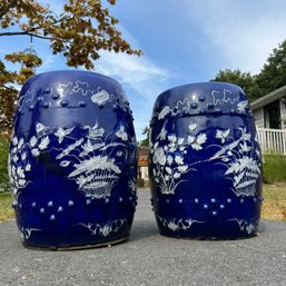 Stunning Pair Of Antique Blue Porcelain Asian 'garden Seats' 18' Tall, One With Repaired Cracks (IS)