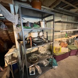 Metal Shelf Filled With Kitchen Goods, Including Stand Mixer (basement)