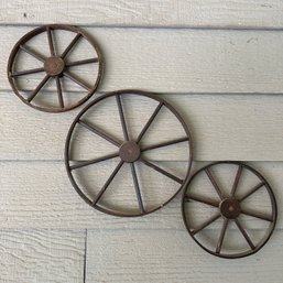 Trio Of Small Decorative Wooden Wagon Wheels - One Repaired (Back Patio)
