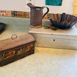 Mixed Lot Of Vintage Metal Box, Pitcher, Bundt Pan, Wooden Box (Kitchen In White Bag)