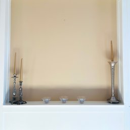 Silver Tone Candlesticks And Glass Votive Holders (Living Room)