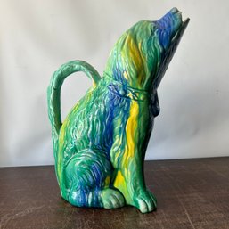 Majolica Green Blue Yellow Glaze Drip 'Dog' Pitcher