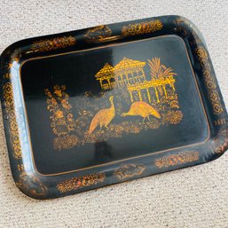 Hand Stenciled Black And Gol Serving Tray With 2 Peacocks In Asian Garden (Kitchen)