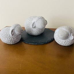 Trio Of Adorable, Cement Sheep Sitting On A Slate Pad (Kitchen)