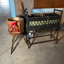 Vintage Wooden Pot Holder And Woven Planter Stand (basement 4)