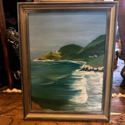 Beautiful Signed Framed Art, Lighthouse Ocean Scene (Attic)