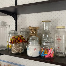 9 Glass Jars & Vase Filled With Corks, Wishbones, Clips & Cotton (Kitchen)