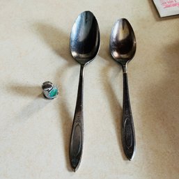 Pair Of Silver Plate Spoons And Souvenir Thimble (Den)