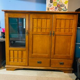 Large Wood & Beveled Glass Entertainment Cabinet With Tons Of Room (Garage)