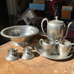 Mixed Lot Of Pewter Pieces, Pewter Tea Tea Pot With Milk And Sugar Bowl, Tray, Large Bowl, Candlesticks (garag