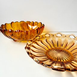 Gorgeous Pair Of Vintage Amber Glass Bowls (MB)