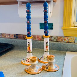 Mixed Set Of Colorful Candlesticks & 2 Candles From France / Japan (kitchen In White Bag)