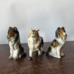 Trio Of Vintage Border Collie Japanese Ceramic Dog Figurines, Salt And Pepper Shakers