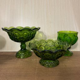 Trio Of Decorative Green Glass Candy Dishes & Goblet (67004) (OA)