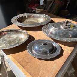 Set Of Four Silver Plated Serving Dishes, Two With Lids (Garage On Table)
