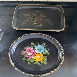 Vintage Black Floral Tole Painted Oval & Regtangular Metal Trays (Kitchen)