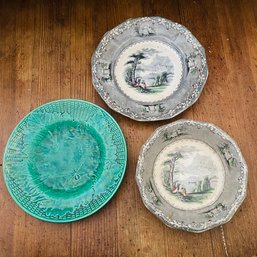 Antique Imperial Stone Plate And Matching Bowl With Green Majolica Plate (Bedroom 2)