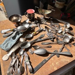 Mixed Lot Of Vintage And Possibly Antique Silverware And Other Items (Garage On Table)