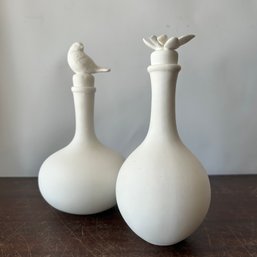 Beautiful Pair Of Chalk White Decorative Bottles, Bud Vases, Mini Decanters, Bird Theme