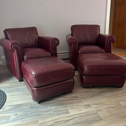 Pair Of Red Leather Arm Chairs With Two Ottomans (Entry - 62292)