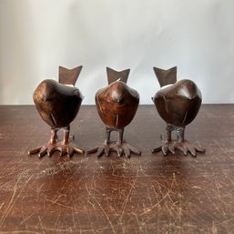 Trio Of Heavy Metal And Wooden Carved Bird Tea Light Holders
