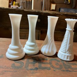 Set Of Four Vintage Milk Glass Bud Vases (Garage)