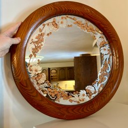 Gorgeous Round Oak Vintage Mirror With Floral Gold Leaf Details (kitch)