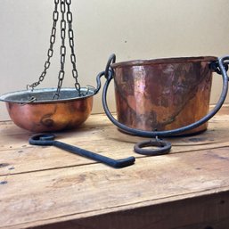 Vintage Hammered Copper & Iron Kettle And Hanging Pot (Attic)