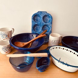 Ceramic Muffin Spongeware Tin, Cobalt Blue Bowls, Pyrex 3 Cup Blue Bowl & More (NK)