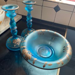 3 Hand Painted Blue & Gold Glass Bowl & Set Of Matching Candlesticks (kitchen)
