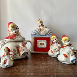 WOW! Rare Vintage HULL Ceramic 'Little Red Riding Hood' Sugar Canister, Teapot, Salt And Pepper Shakers