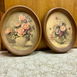 Lovely Vintage Oval Framed Floral Art Duo (BSMT)