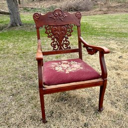 Gorgeous Antique Carved Wooden Arm Chair With Needlepoint