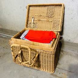 Cute Wicker Picnic Basket With Glasses, Wine Opener, Plates & Napkins (BSMT)