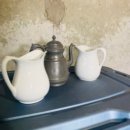 3 Pitchers, 2 White Ceramic & 1 Pewter Teapot (BSMT)