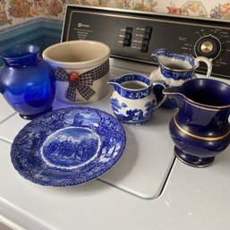 Mixed Lot Of 6 Blue And White Plate, Vases, Copeland Pitchers & Candle Mill Crock (Kitchen)