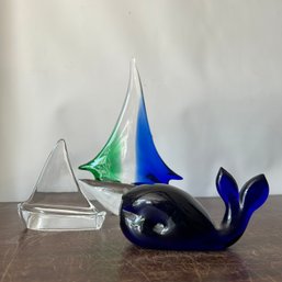 Trio Of Decorative Glass Figurines, Cobalt Blue Whale, Murano Glass Sailboat, Clear Glass Sailboat